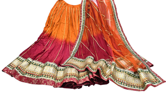 Indian Pre-owned Maroon & Orange Pure Silk Net Hand Embroidered Lehenga 3pcs Set Bridal Party Wear With Blouse/Dupatta Bollywood Lehenga