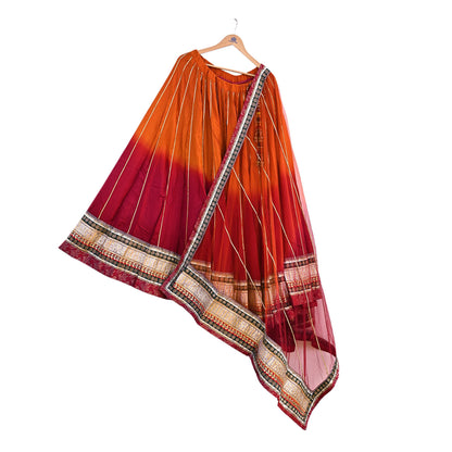 Indian Pre-owned Maroon & Orange Pure Silk Net Hand Embroidered Lehenga 3pcs Set Bridal Party Wear With Blouse/Dupatta Bollywood Lehenga
