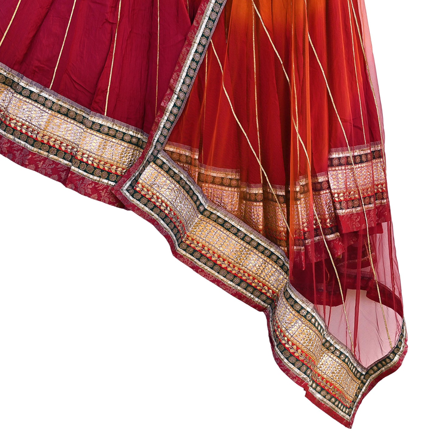 Indian Pre-owned Maroon & Orange Pure Silk Net Hand Embroidered Lehenga 3pcs Set Bridal Party Wear With Blouse/Dupatta Bollywood Lehenga
