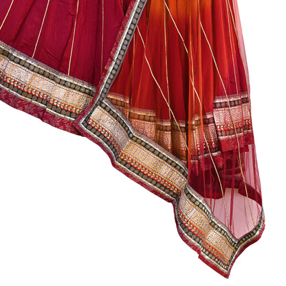Indian Pre-owned Maroon & Orange Pure Silk Net Hand Embroidered Lehenga 3pcs Set Bridal Party Wear With Blouse/Dupatta Bollywood Lehenga