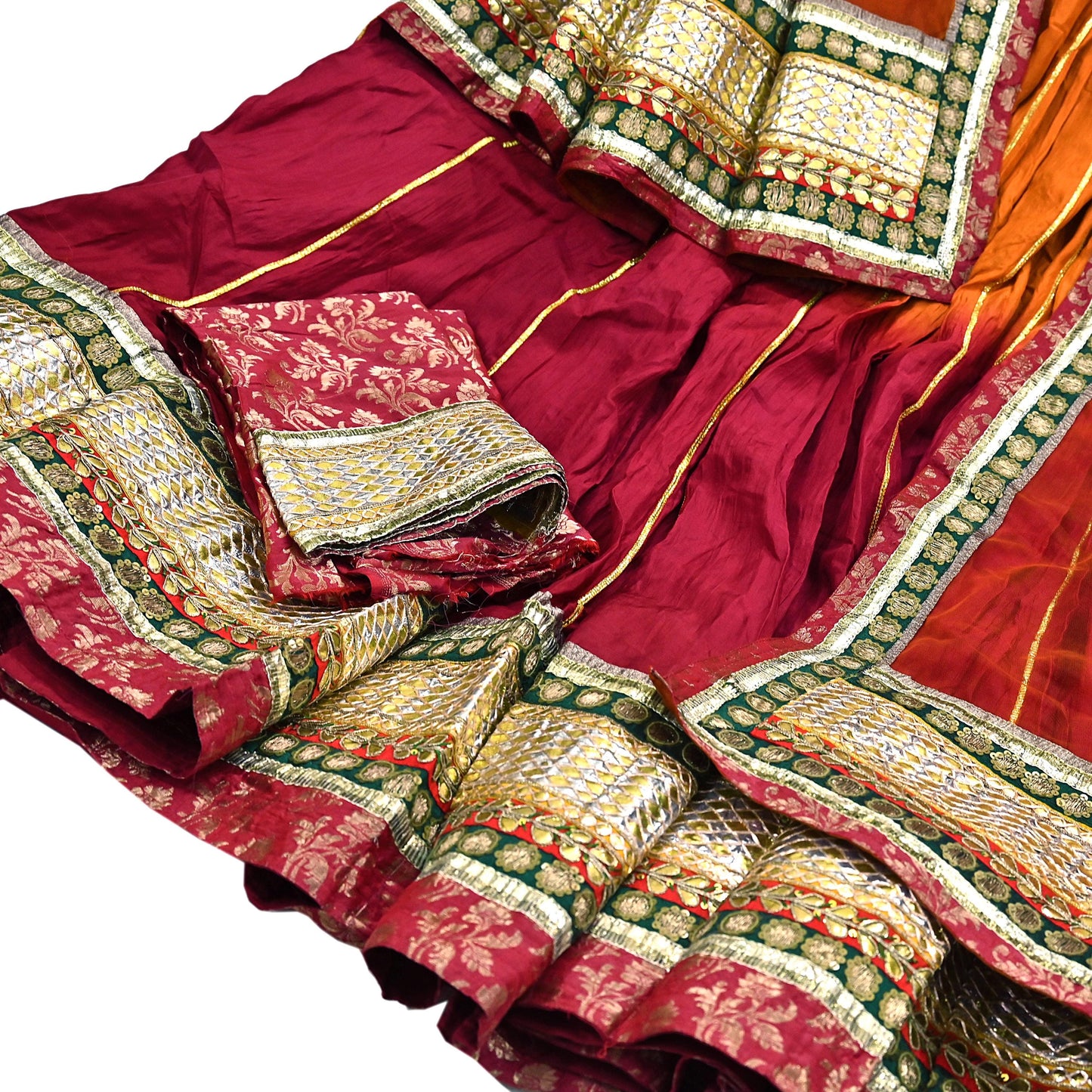 Indian Pre-owned Maroon & Orange Pure Silk Net Hand Embroidered Lehenga 3pcs Set Bridal Party Wear With Blouse/Dupatta Bollywood Lehenga
