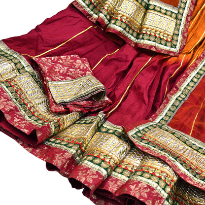 Indian Pre-owned Maroon & Orange Pure Silk Net Hand Embroidered Lehenga 3pcs Set Bridal Party Wear With Blouse/Dupatta Bollywood Lehenga