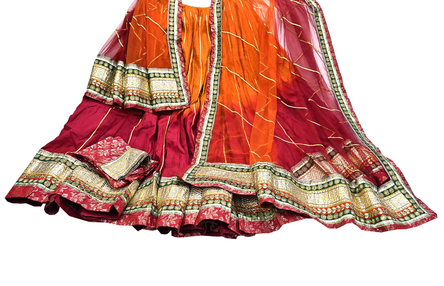 Indian Pre-owned Maroon & Orange Pure Silk Net Hand Embroidered Lehenga 3pcs Set Bridal Party Wear With Blouse/Dupatta Bollywood Lehenga