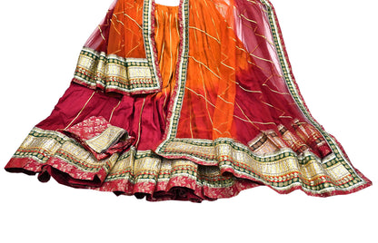 Indian Pre-owned Maroon & Orange Pure Silk Net Hand Embroidered Lehenga 3pcs Set Bridal Party Wear With Blouse/Dupatta Bollywood Lehenga
