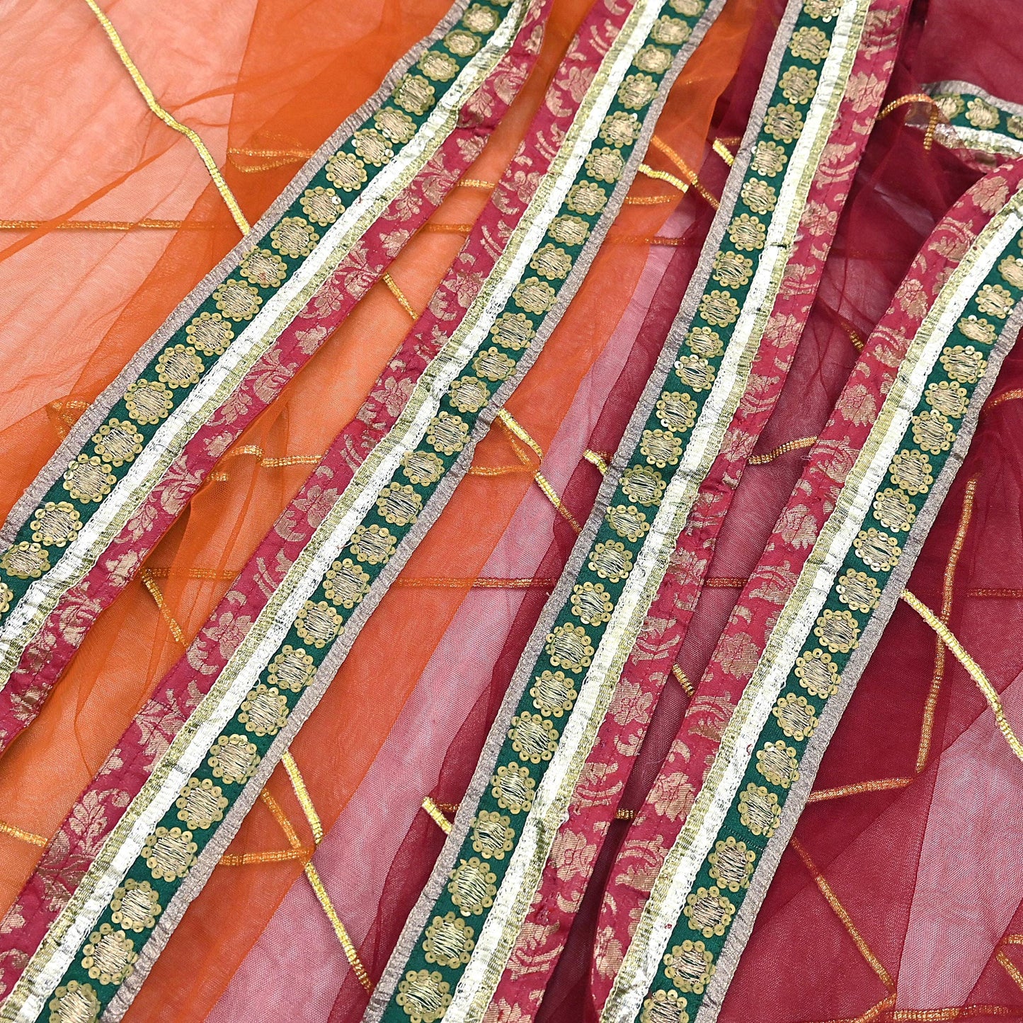 Indian Vintage Heavy Bridal Dupatta Orange & maroon Net Mesh Long Stole Hand Embroidered Scarves Golden Gota Patti Wedding/Party Wear