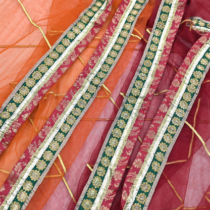 Indian Vintage Heavy Bridal Dupatta Orange & maroon Net Mesh Long Stole Hand Embroidered Scarves Golden Gota Patti Wedding/Party Wear