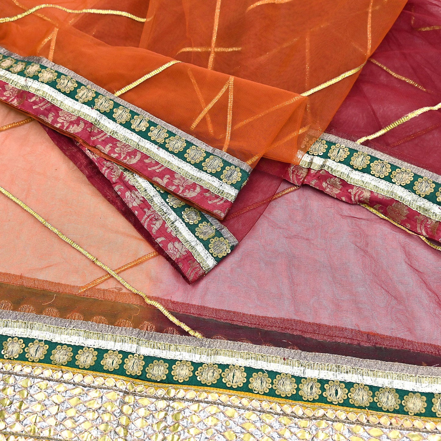 Indian Vintage Heavy Bridal Dupatta Orange & maroon Net Mesh Long Stole Hand Embroidered Scarves Golden Gota Patti Wedding/Party Wear