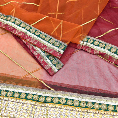 Indian Vintage Heavy Bridal Dupatta Orange & maroon Net Mesh Long Stole Hand Embroidered Scarves Golden Gota Patti Wedding/Party Wear