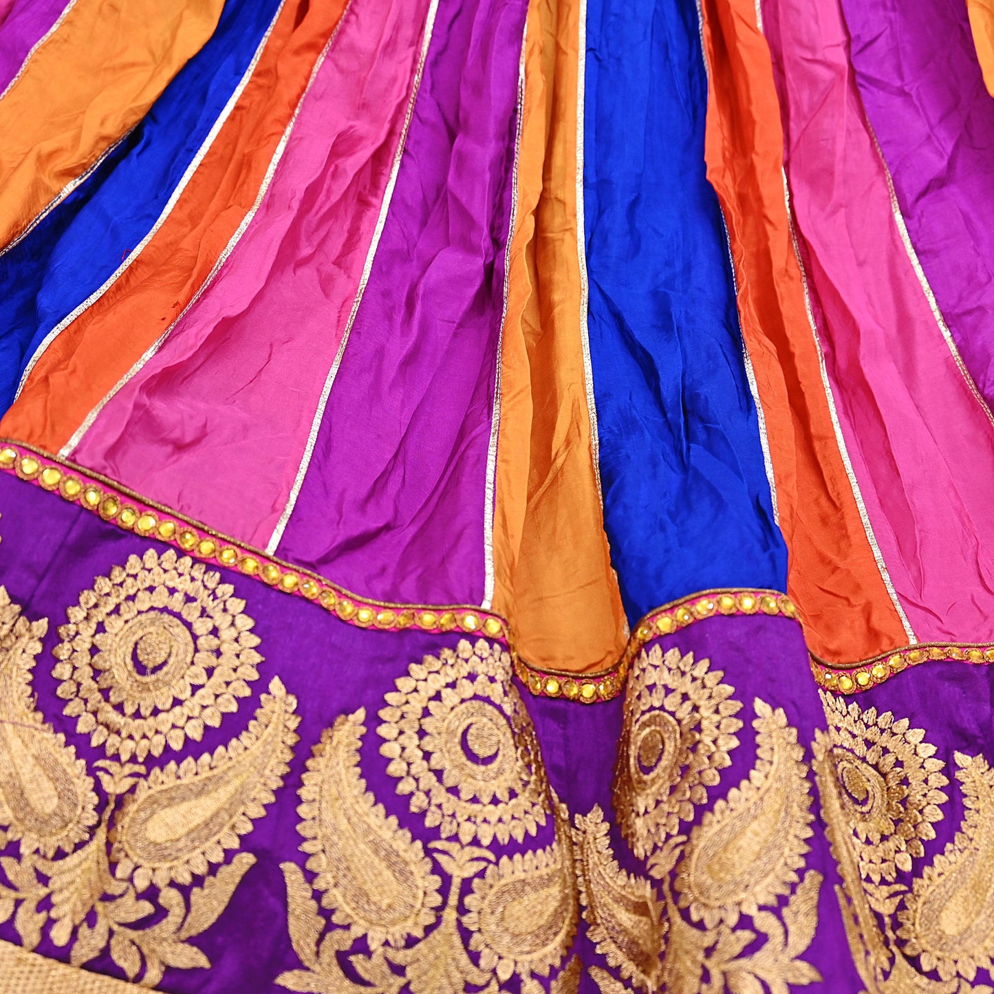 Multi Pure Silk Lehenga Skirt, Hand Embroidered Zardozi Bollywood Bridal Wear