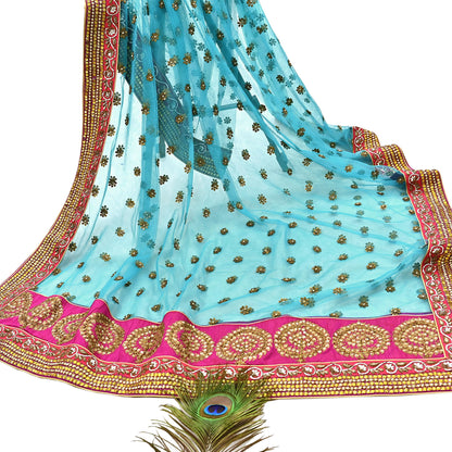 Indian New Heavy Beige & blue Colored Pure Silk/Net Hand Embroidered Lehenga 3pcs Set By Designer Sabyasachi Bridal Wear With Blouse Fabric