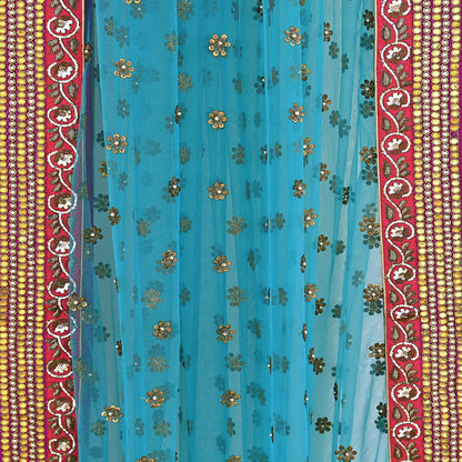 Indian New Heavy Beige & blue Colored Pure Silk/Net Hand Embroidered Lehenga 3pcs Set By Designer Sabyasachi Bridal Wear With Blouse Fabric