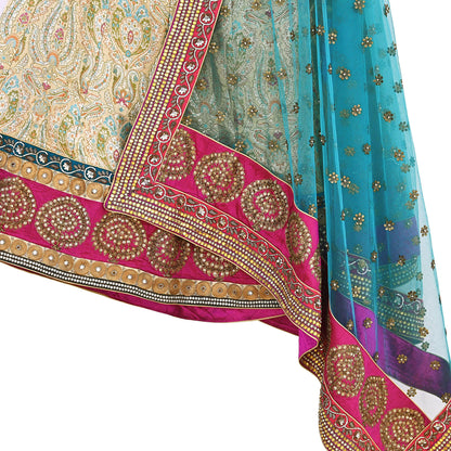 Indian New Heavy Beige & blue Colored Pure Silk/Net Hand Embroidered Lehenga 3pcs Set By Designer Sabyasachi Bridal Wear With Blouse Fabric