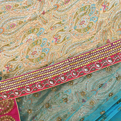 Indian New Heavy Beige & blue Colored Pure Silk/Net Hand Embroidered Lehenga 3pcs Set By Designer Sabyasachi Bridal Wear With Blouse Fabric