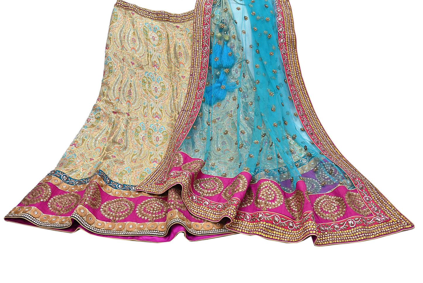 Indian New Heavy Beige & blue Colored Pure Silk/Net Hand Embroidered Lehenga 3pcs Set By Designer Sabyasachi Bridal Wear With Blouse Fabric