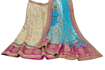Indian New Heavy Beige & blue Colored Pure Silk/Net Hand Embroidered Lehenga 3pcs Set By Designer Sabyasachi Bridal Wear With Blouse Fabric