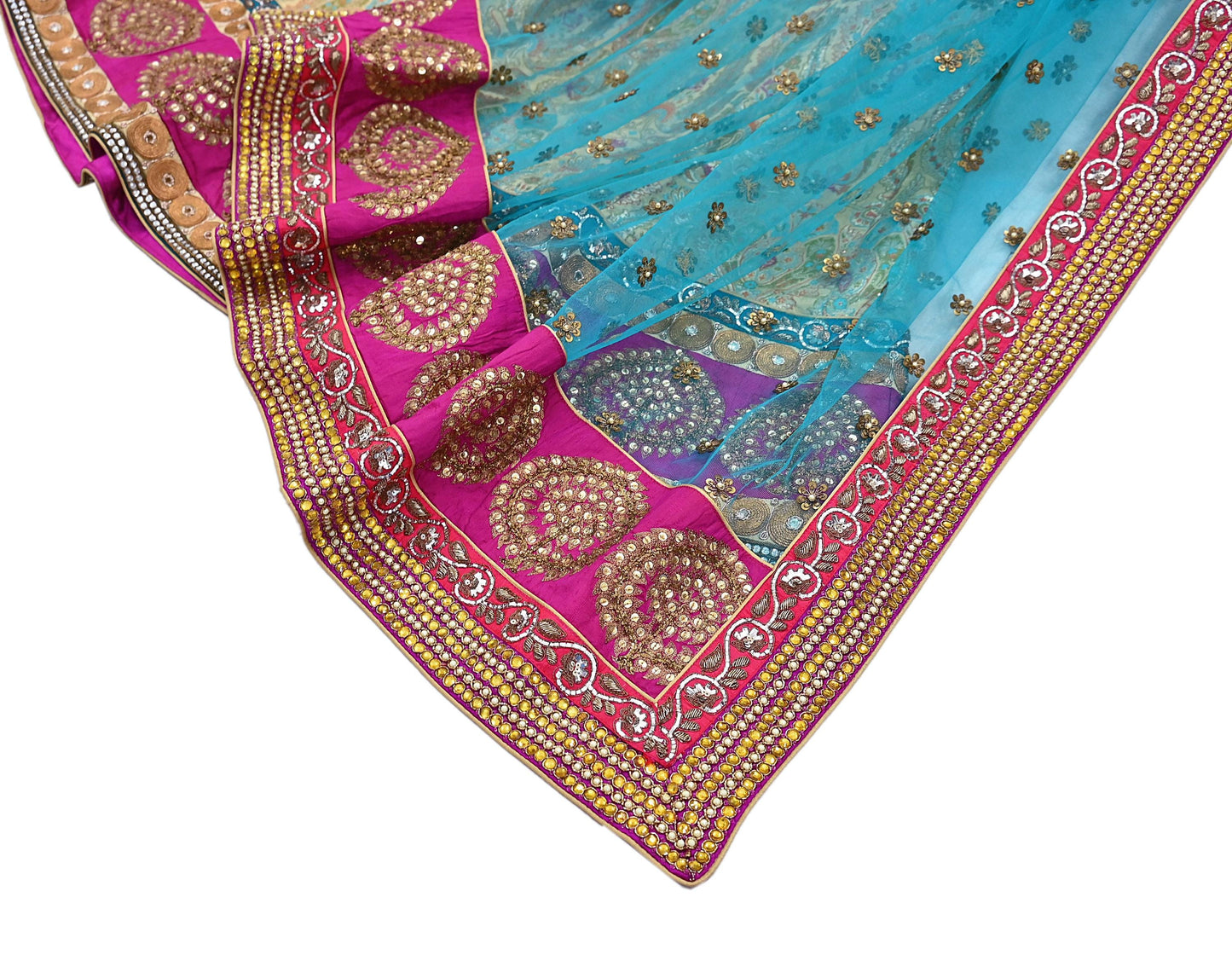 Indian New Heavy Beige & blue Colored Pure Silk/Net Hand Embroidered Lehenga 3pcs Set By Designer Sabyasachi Bridal Wear With Blouse Fabric