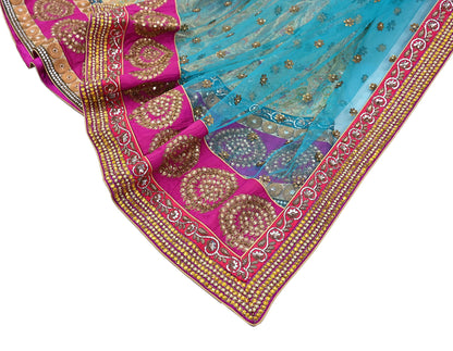 Indian New Heavy Beige & blue Colored Pure Silk/Net Hand Embroidered Lehenga 3pcs Set By Designer Sabyasachi Bridal Wear With Blouse Fabric