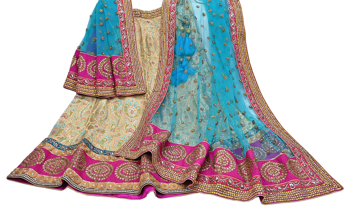 Indian New Heavy Beige & blue Colored Pure Silk/Net Hand Embroidered Lehenga 3pcs Set By Designer Sabyasachi Bridal Wear With Blouse Fabric