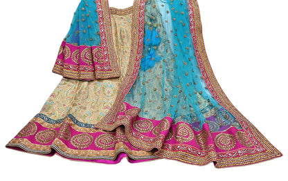 Indian New Heavy Beige & blue Colored Pure Silk/Net Hand Embroidered Lehenga 3pcs Set By Designer Sabyasachi Bridal Wear With Blouse Fabric