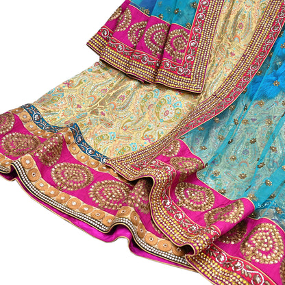 Indian New Heavy Beige & blue Colored Pure Silk/Net Hand Embroidered Lehenga 3pcs Set By Designer Sabyasachi Bridal Wear With Blouse Fabric