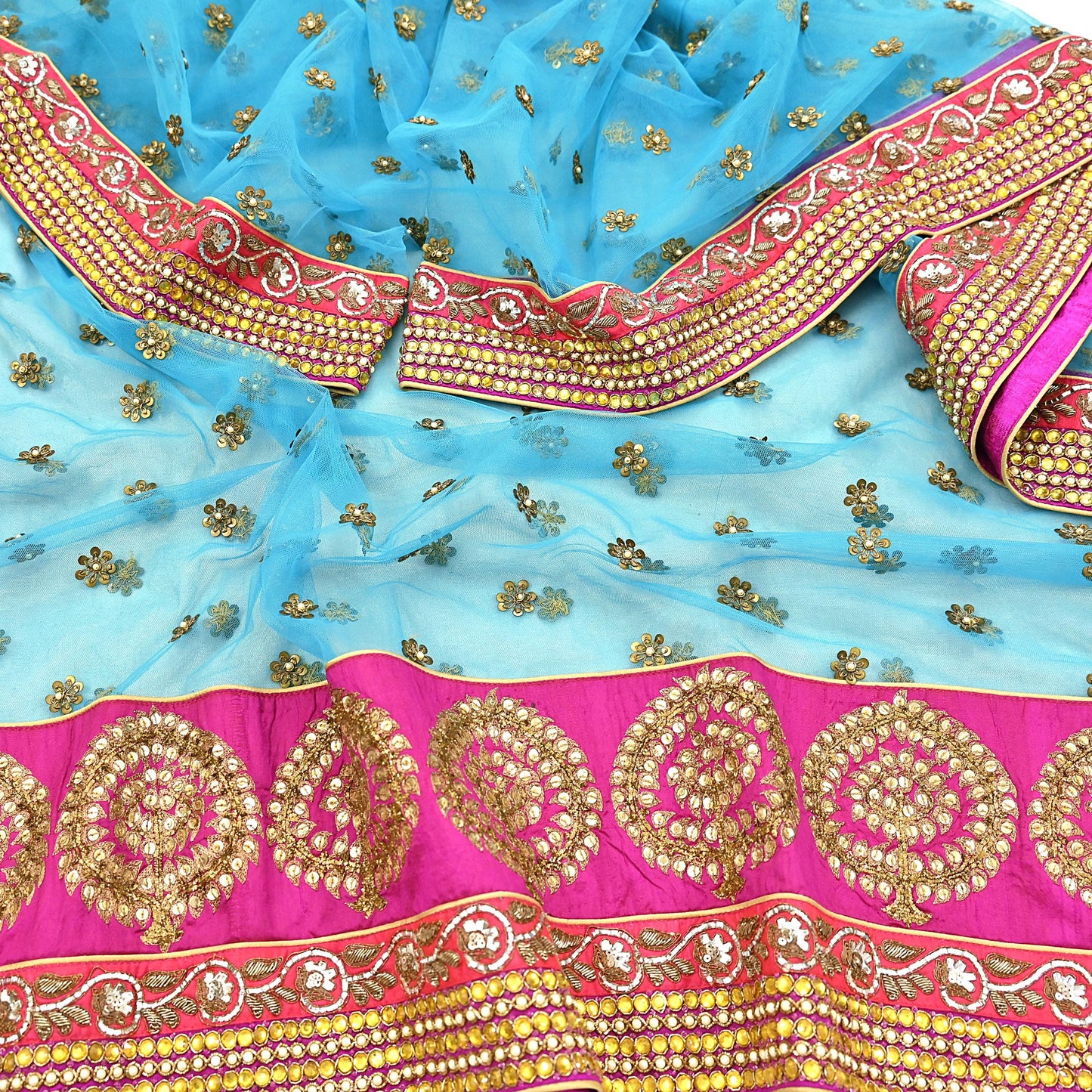Indian Vintage Heavy Wedding Dupatta Blue Net Long Stole Hand Embroidered By Designer Sabyasachi Scarves Zardozi Bridal Veil
