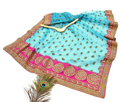 Indian Vintage Heavy Wedding Dupatta Blue Net Long Stole Hand Embroidered By Designer Sabyasachi Scarves Zardozi Bridal Veil