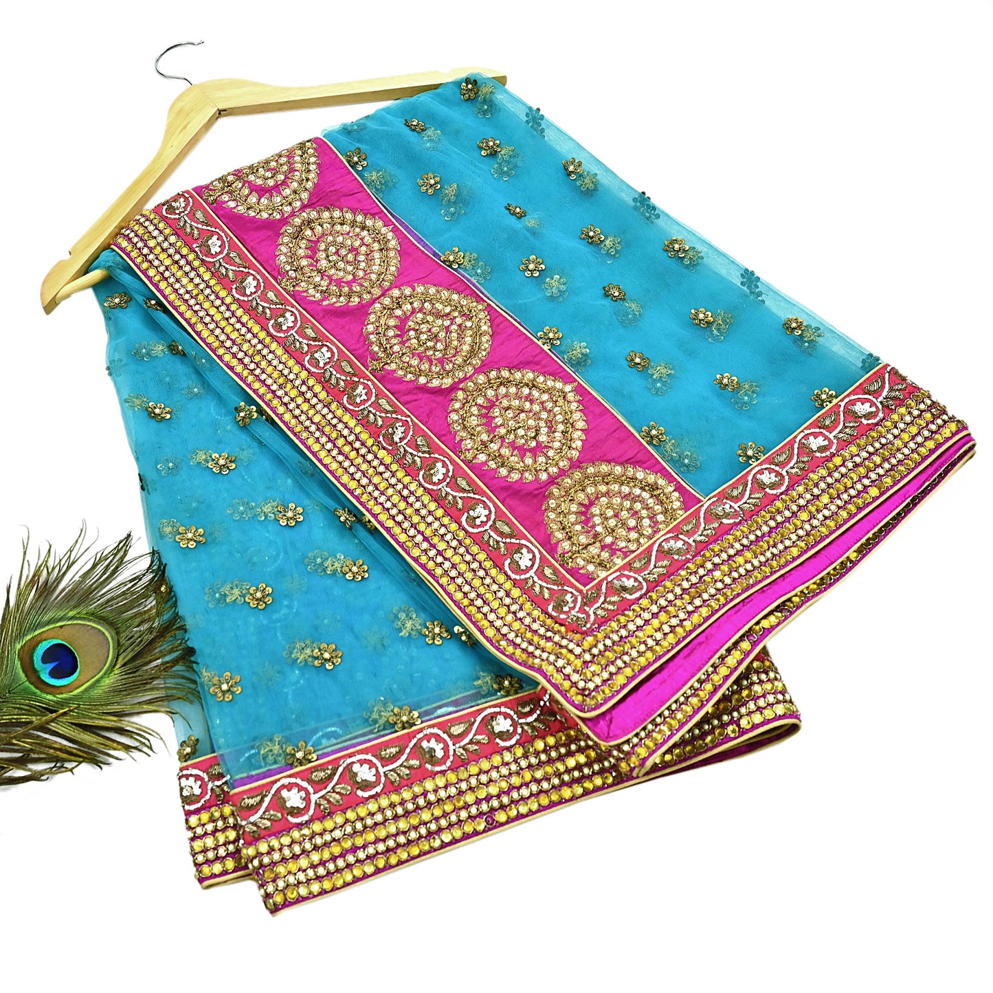 Indian Vintage Heavy Wedding Dupatta Blue Net Long Stole Hand Embroidered By Designer Sabyasachi Scarves Zardozi Bridal Veil