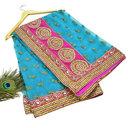 Indian Vintage Heavy Wedding Dupatta Blue Net Long Stole Hand Embroidered By Designer Sabyasachi Scarves Zardozi Bridal Veil