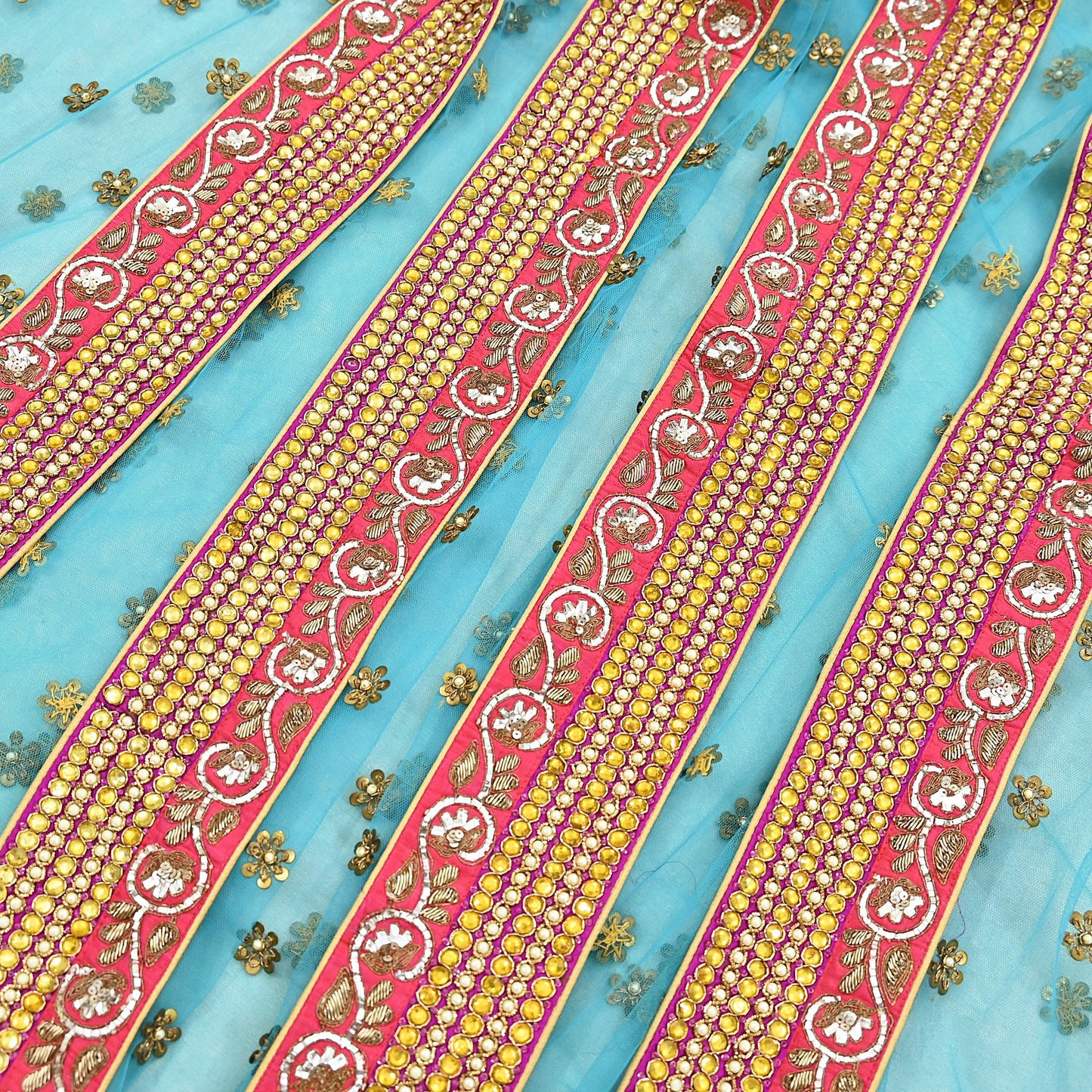 Indian Vintage Heavy Wedding Dupatta Blue Net Long Stole Hand Embroidered By Designer Sabyasachi Scarves Zardozi Bridal Veil