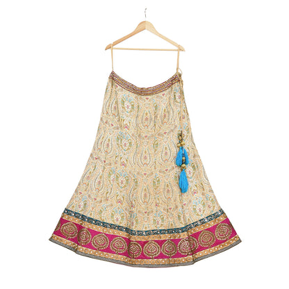 Indian Vintage Heavy Beige Pure Satin Silk Hand Embroidered Brocade Lehenga Skirt By Designer Sabyasachi Bridal Wear Dabka/ Zardozi
