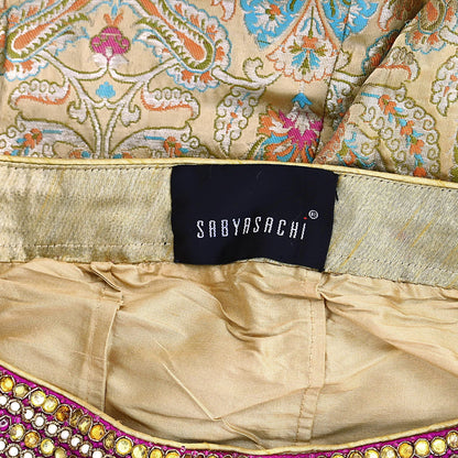 Indian Vintage Heavy Beige Pure Satin Silk Hand Embroidered Brocade Lehenga Skirt By Designer Sabyasachi Bridal Wear Dabka/ Zardozi