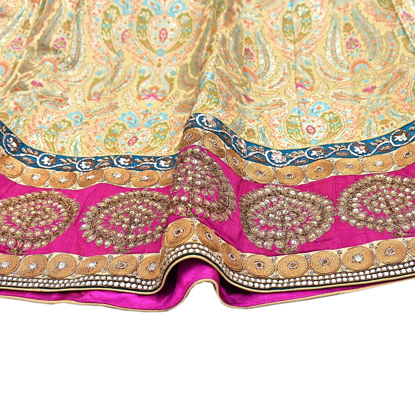 Indian Vintage Heavy Beige Pure Satin Silk Hand Embroidered Brocade Lehenga Skirt By Designer Sabyasachi Bridal Wear Dabka/ Zardozi
