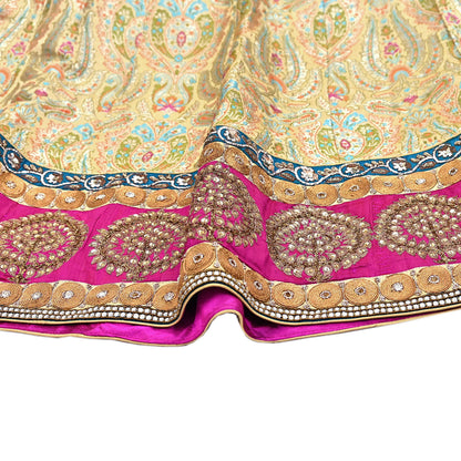 Indian Vintage Heavy Beige Pure Satin Silk Hand Embroidered Brocade Lehenga Skirt By Designer Sabyasachi Bridal Wear Dabka/ Zardozi
