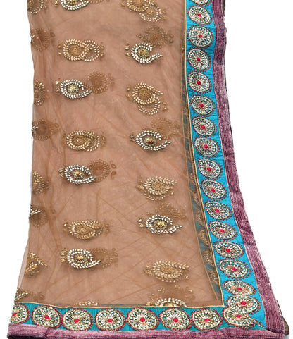 Indian Vintage Heavy Wedding Brown Net/Mesh Hand Embroidered Dupatta Designer By Manish Malhotra Bridal Wear Zardozi Veil Hijab