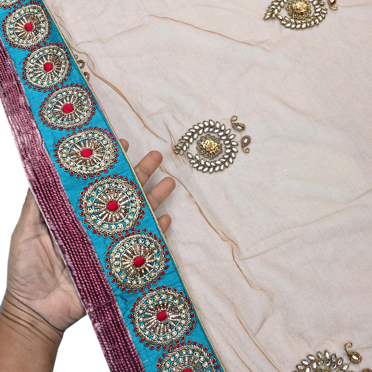 Indian Vintage Heavy Wedding Brown Net/Mesh Hand Embroidered Dupatta Designer By Manish Malhotra Bridal Wear Zardozi Veil Hijab