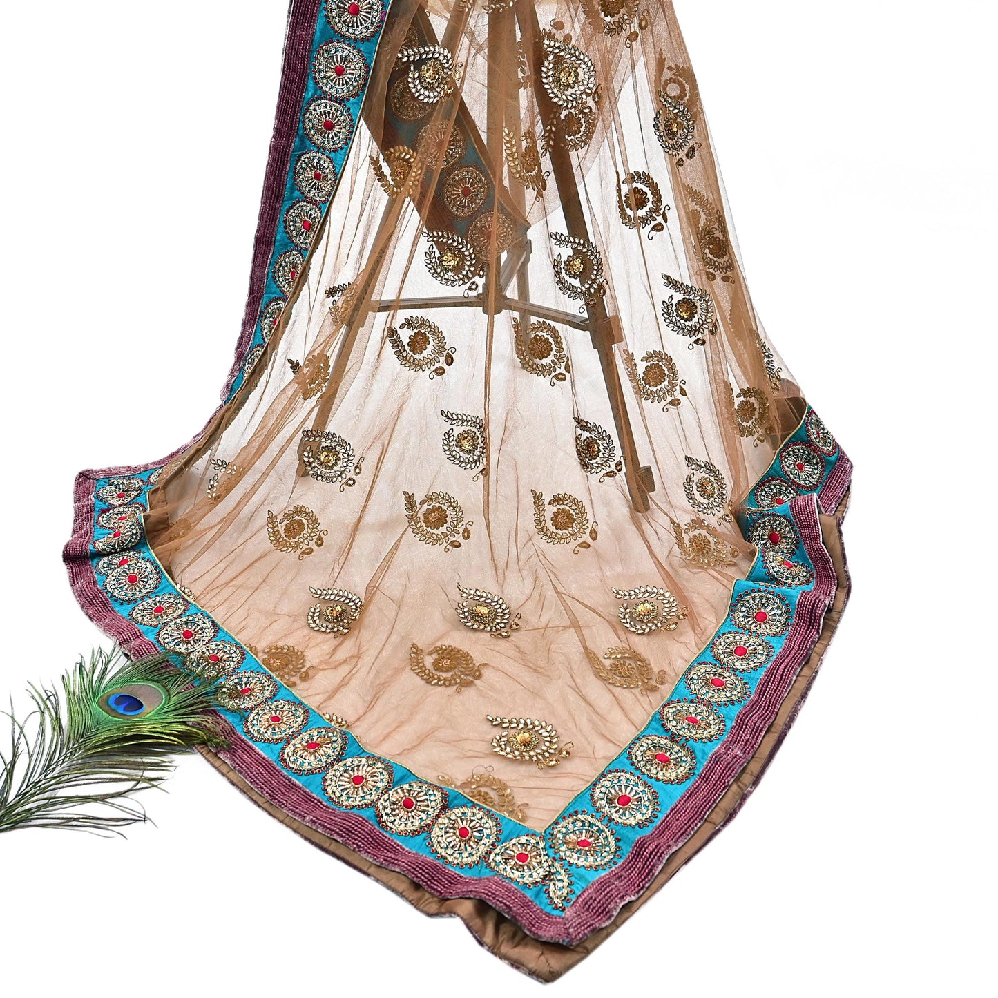 Indian Vintage Heavy Wedding Brown Net/Mesh Hand Embroidered Dupatta Designer By Manish Malhotra Bridal Wear Zardozi Veil Hijab