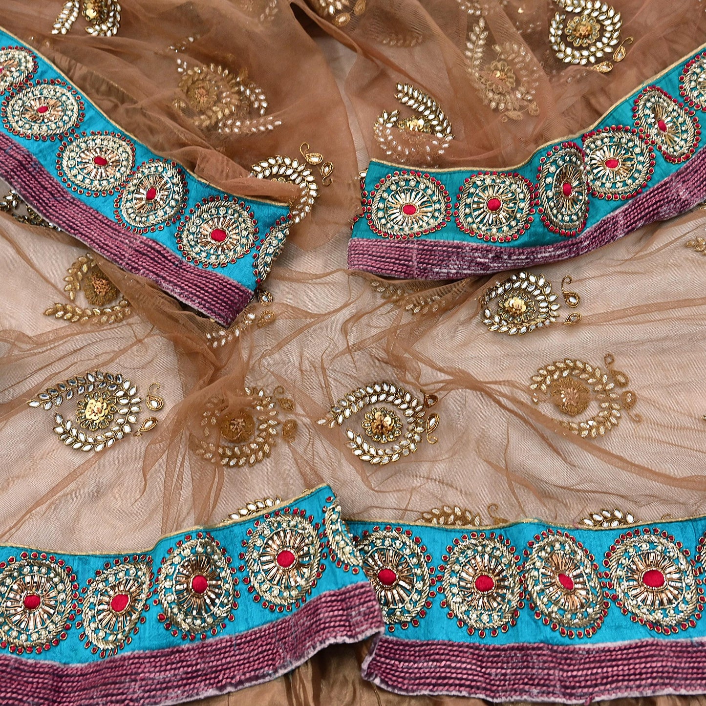 Indian Vintage Heavy Wedding Brown Net/Mesh Hand Embroidered Dupatta Designer By Manish Malhotra Bridal Wear Zardozi Veil Hijab