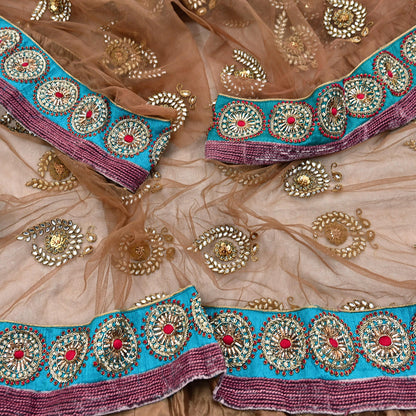 Indian Vintage Heavy Wedding Brown Net/Mesh Hand Embroidered Dupatta Designer By Manish Malhotra Bridal Wear Zardozi Veil Hijab