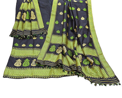 Indian Black Pat Silk Mekhela Chador Set Handwoven Assamese Traditional Wear Vintage 2-Piece Mekhela Sador