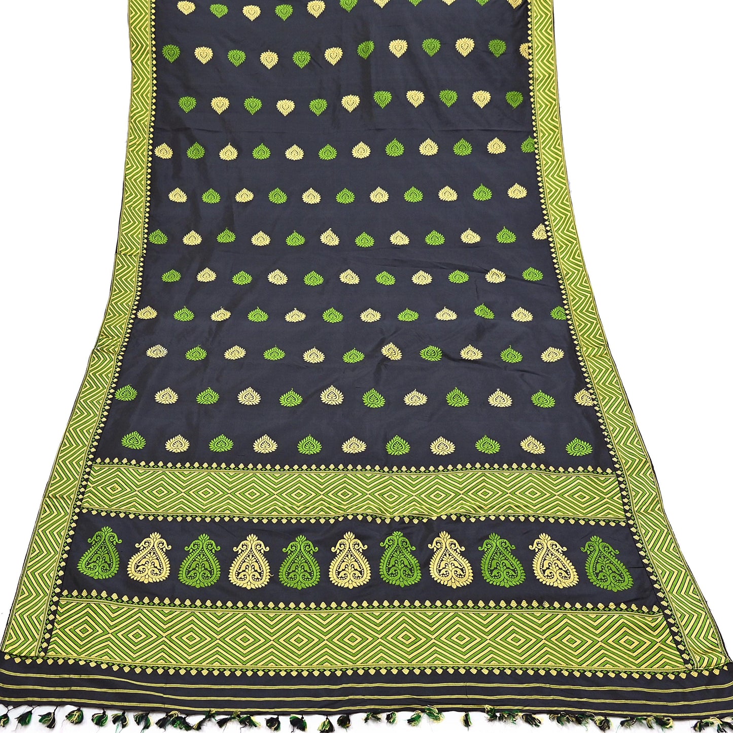 Indian Antique Vintage Blue Dupatta Pure pat Silk Long Stole Hand Woven Assam Scarves Veil Scarf Fringes