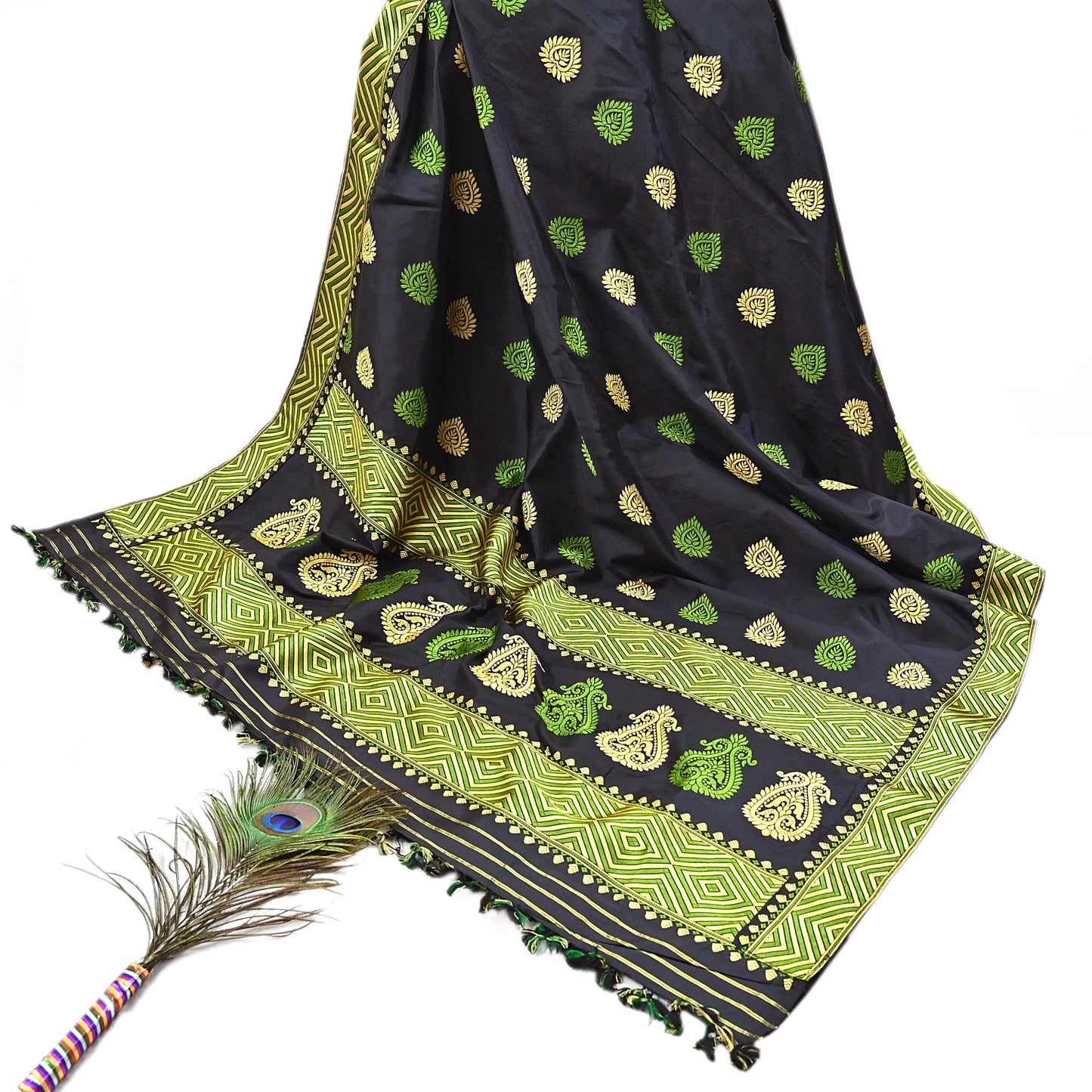 Indian Antique Vintage Blue Dupatta Pure pat Silk Long Stole Hand Woven Assam Scarves Veil Scarf Fringes