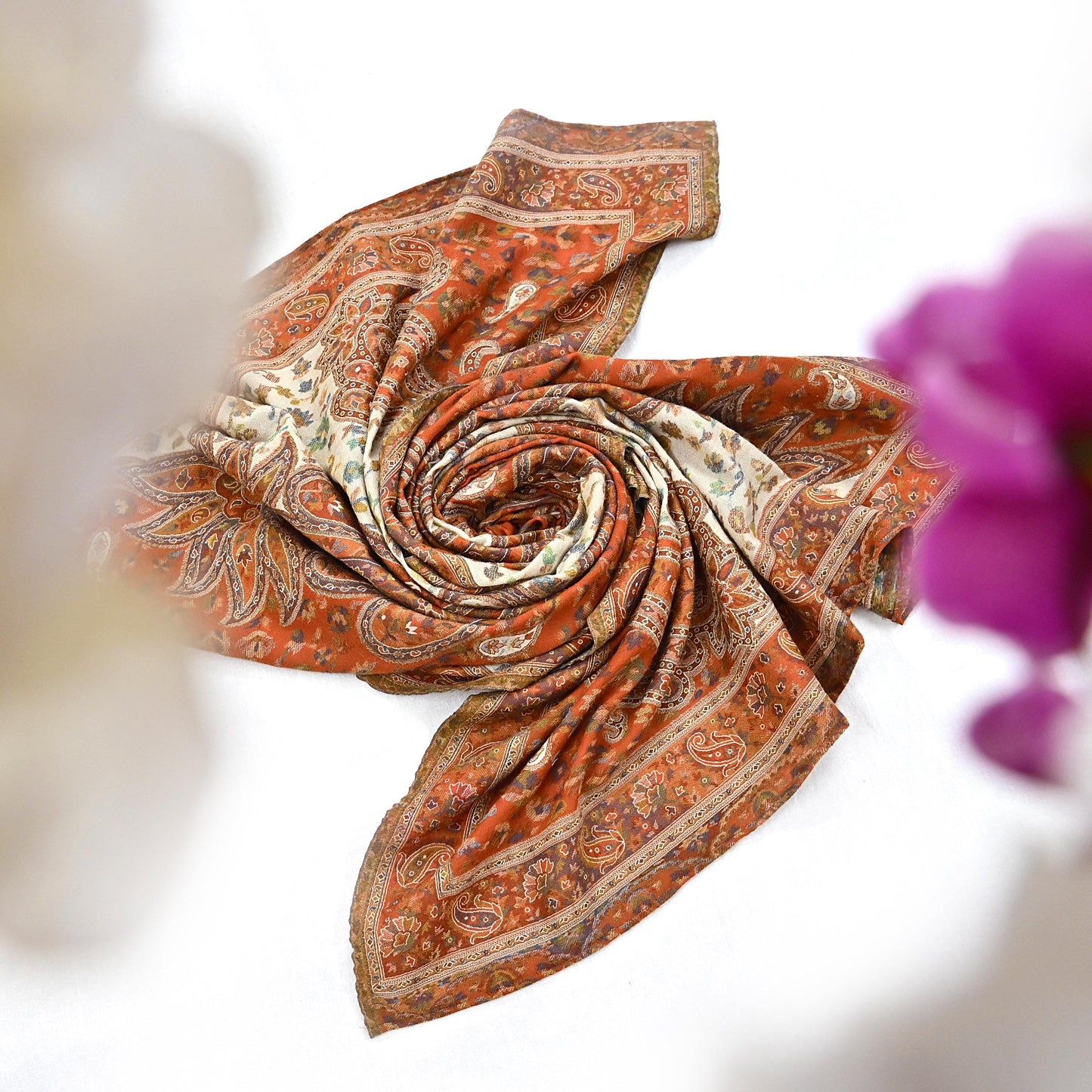 Indian Vintage Cream & Orange Pure Woolen Shawl Handmade Woven Jamawar Work Long Throw Stole Warm Paisley Design Soft