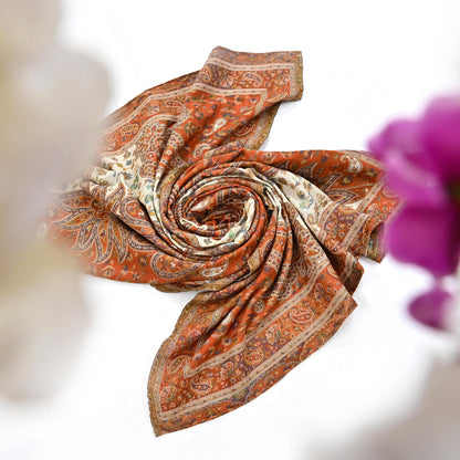 Indian Vintage Cream & Orange Pure Woolen Shawl Handmade Woven Jamawar Work Long Throw Stole Warm Paisley Design Soft
