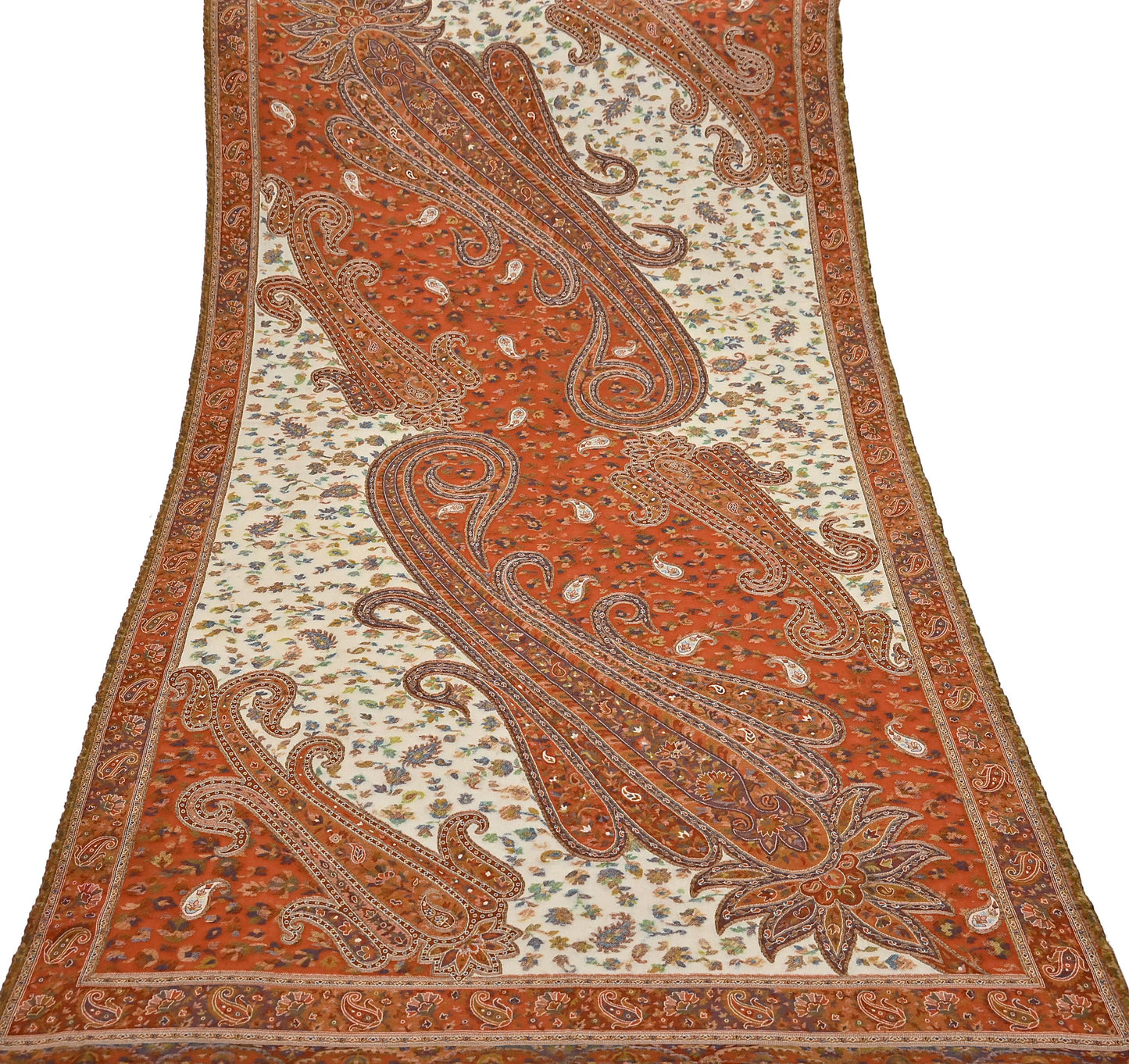Indian Vintage Cream & Orange Pure Woolen Shawl Handmade Woven Jamawar Work Long Throw Stole Warm Paisley Design Soft