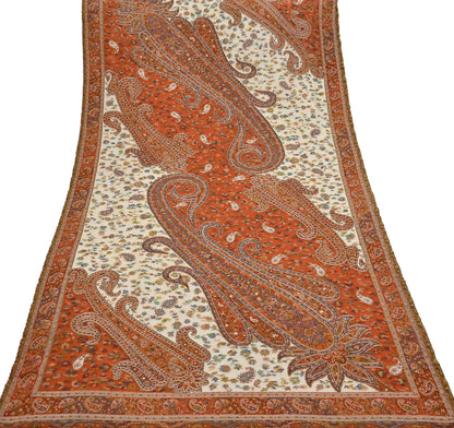 Indian Vintage Cream & Orange Pure Woolen Shawl Handmade Woven Jamawar Work Long Throw Stole Warm Paisley Design Soft