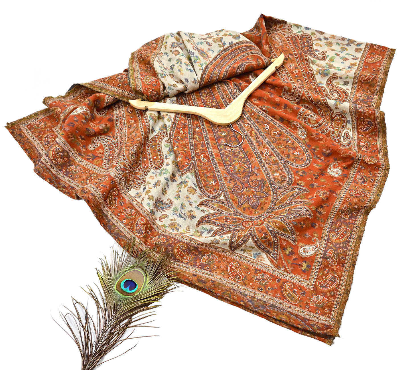Indian Vintage Cream & Orange Pure Woolen Shawl Handmade Woven Jamawar Work Long Throw Stole Warm Paisley Design Soft