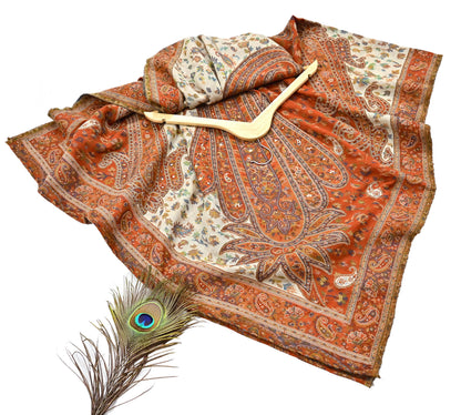 Indian Vintage Cream & Orange Pure Woolen Shawl Handmade Woven Jamawar Work Long Throw Stole Warm Paisley Design Soft