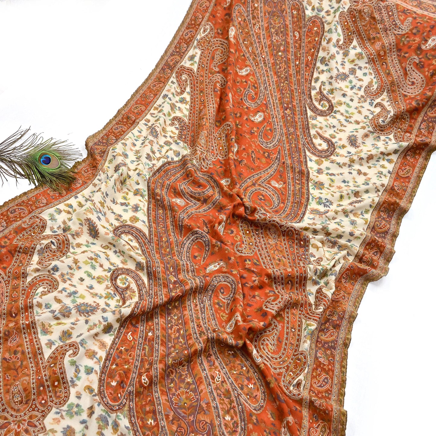 Indian Vintage Cream & Orange Pure Woolen Shawl Handmade Woven Jamawar Work Long Throw Stole Warm Paisley Design Soft