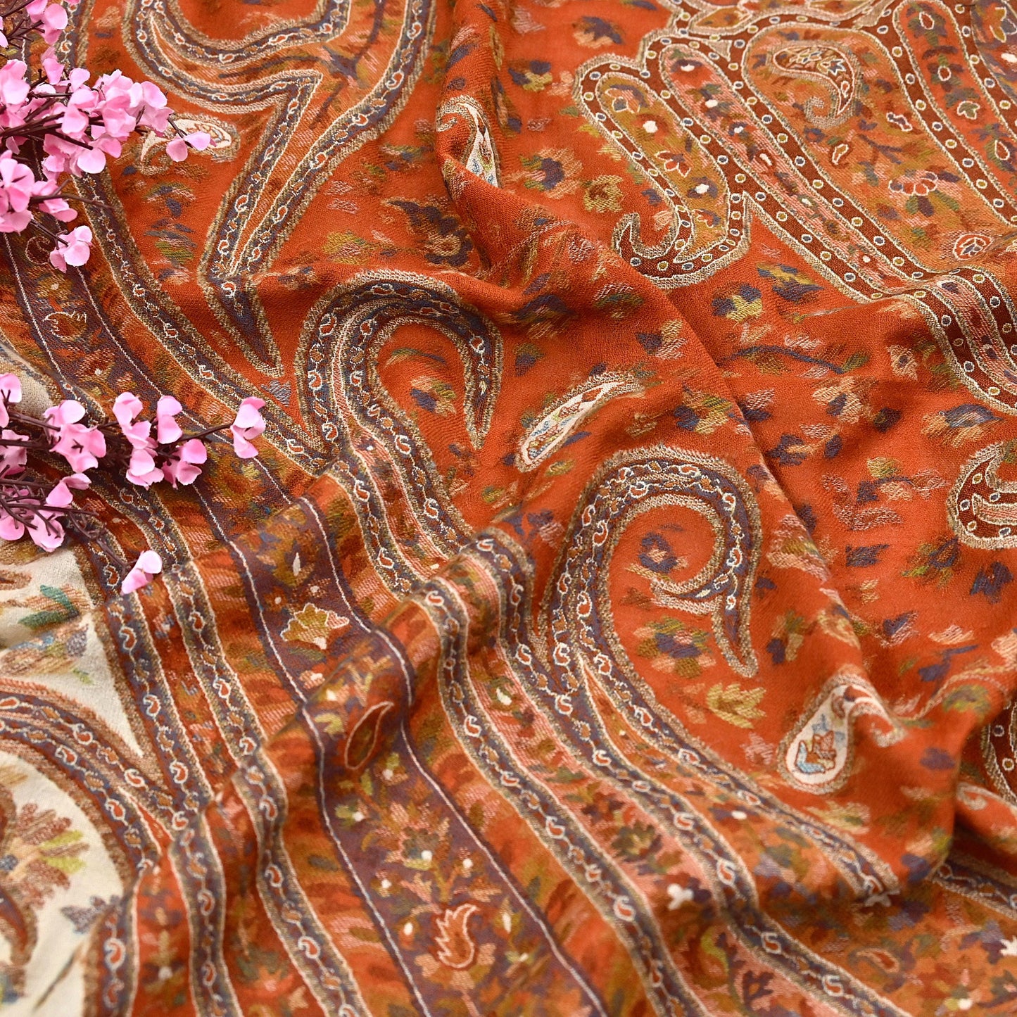 Indian Vintage Cream & Orange Pure Woolen Shawl Handmade Woven Jamawar Work Long Throw Stole Warm Paisley Design Soft