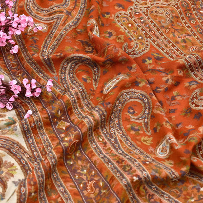 Indian Vintage Cream & Orange Pure Woolen Shawl Handmade Woven Jamawar Work Long Throw Stole Warm Paisley Design Soft